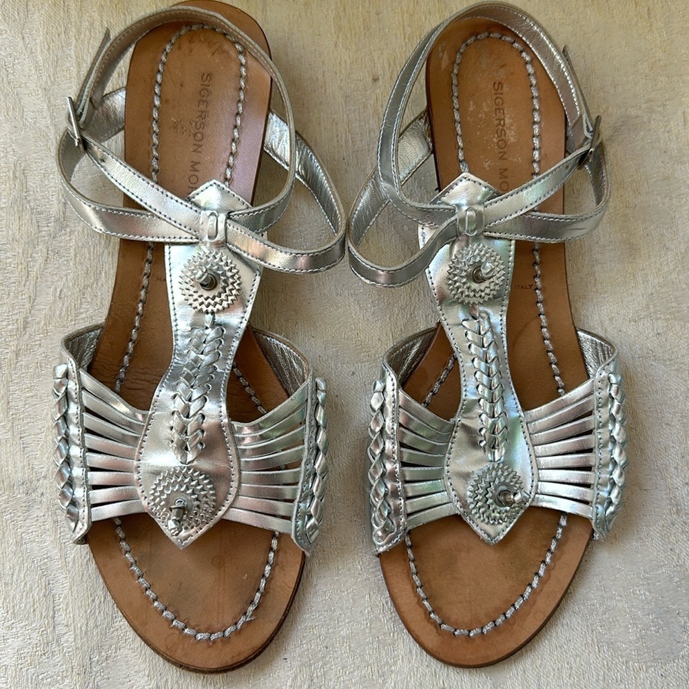 SIGERSON MORRISON SILVER HUARACHE STYLE‎ OPEN TOE ANKLE WEDGE SANDAL​​​​